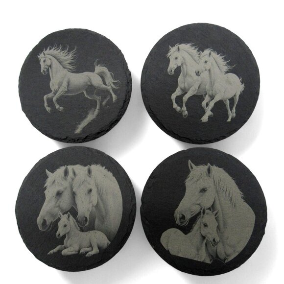 HORSE COASTERS Engraved Round Slate Rustic Home Decor Set of 4 - Picture 2 of 6